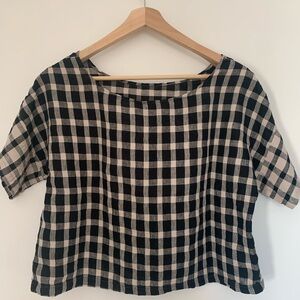 Plaid Short Sleeve Women's Top We are Stories Linen Size Large